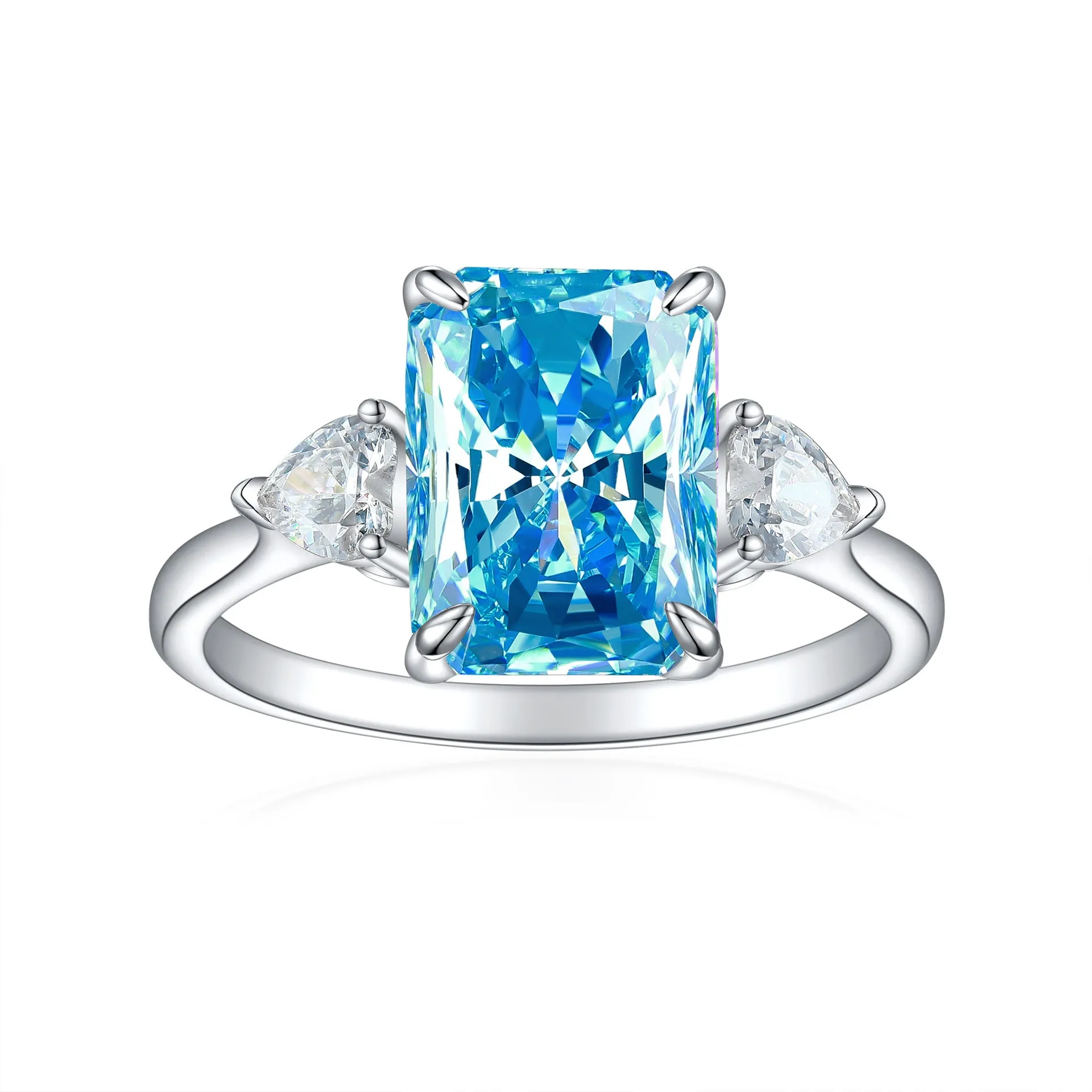 S925 silver rectangular rhinestone ring in eight colours, US sizes 5-10