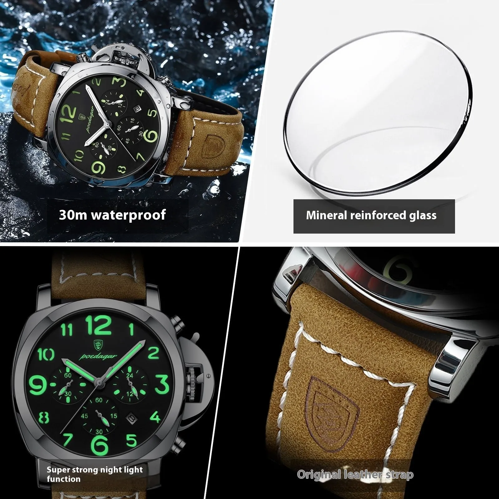 Men's casual sports watch with round dial, real leather strap, and mineral glass in silver case black dial style