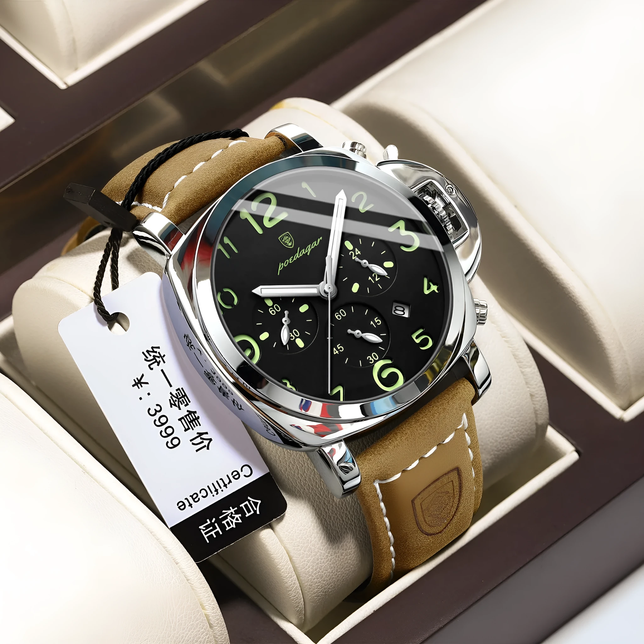 Men's casual sports watch with round dial, real leather strap, and mineral glass in silver case black dial style