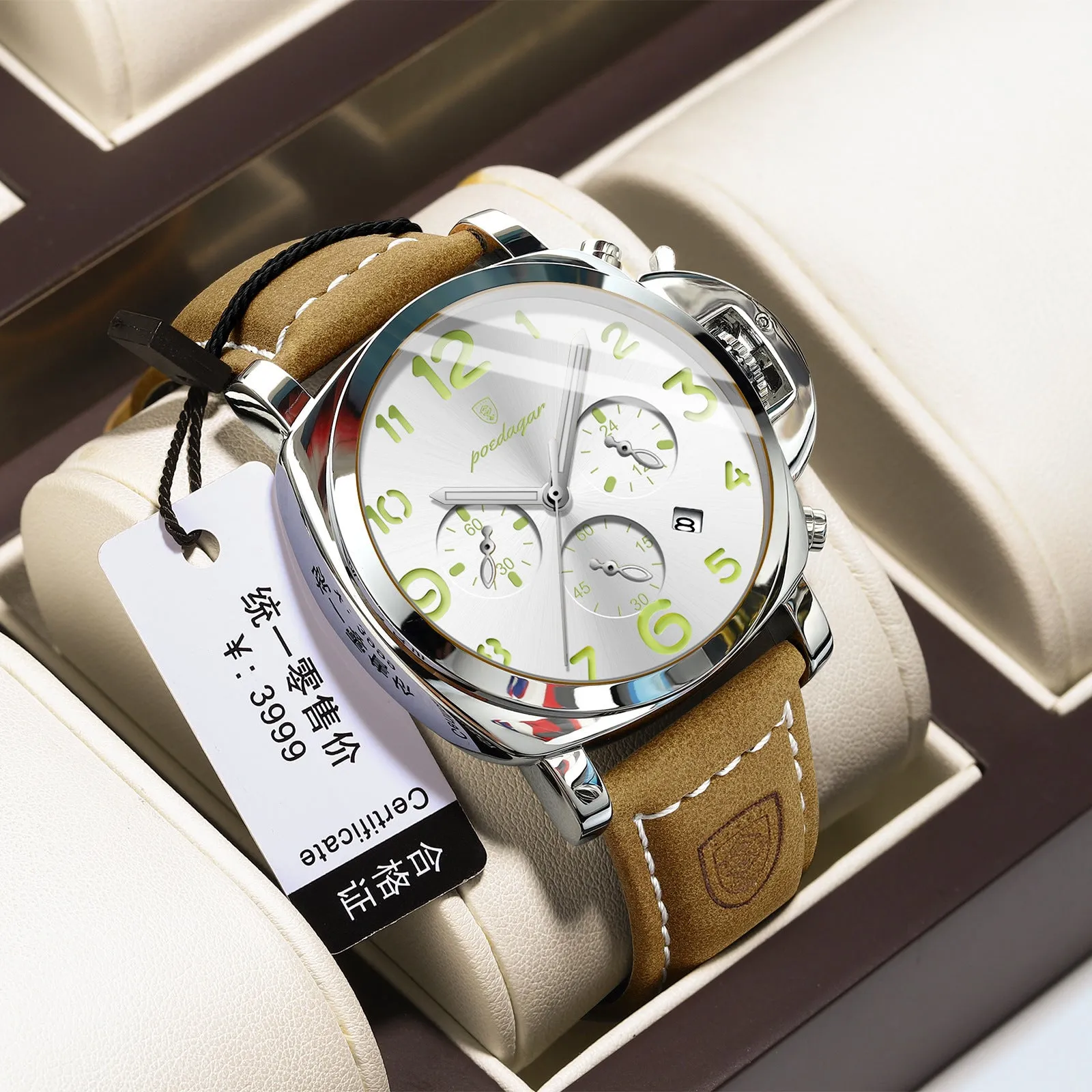 Men's casual sports watch with round dial, real leather strap, and mineral glass in silver case black dial style