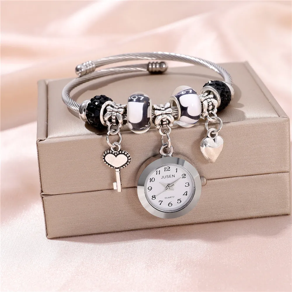 Women's bangle watch with love heart key pendant, alloy strap, white dial, black strap option