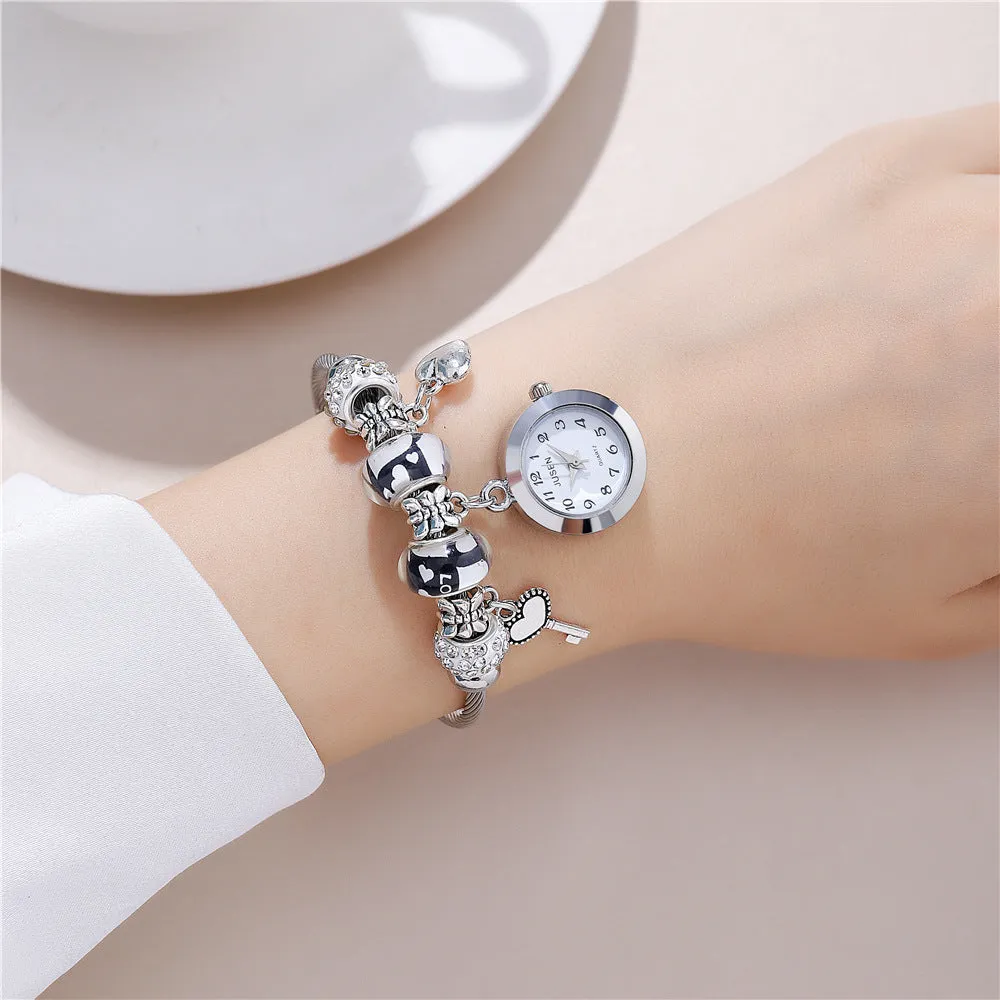 Women's bangle watch with love heart key pendant, alloy strap, white dial, black strap option