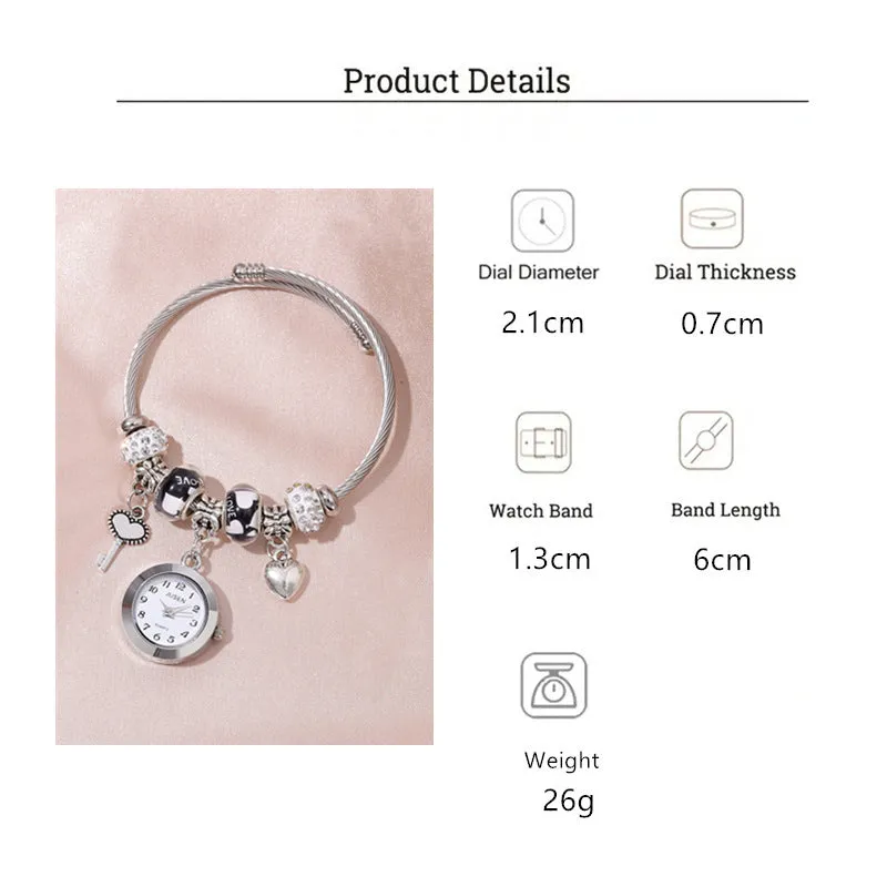 Women's bangle watch with love heart key pendant, alloy strap, white dial, black strap option