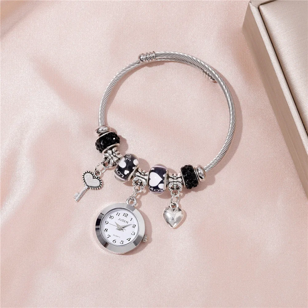 Women's bangle watch with love heart key pendant, alloy strap, white dial, black strap option