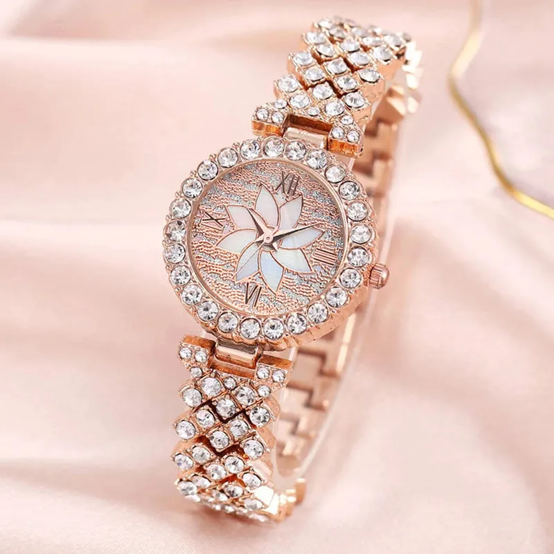 Diamond-embedded starry sky flower disk bracelet watch set for women rose gold 7mm quartz
