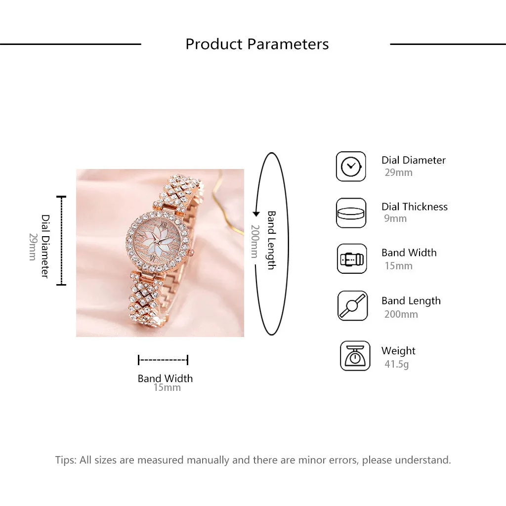 Diamond-embedded starry sky flower disk bracelet watch set for women rose gold 7mm quartz