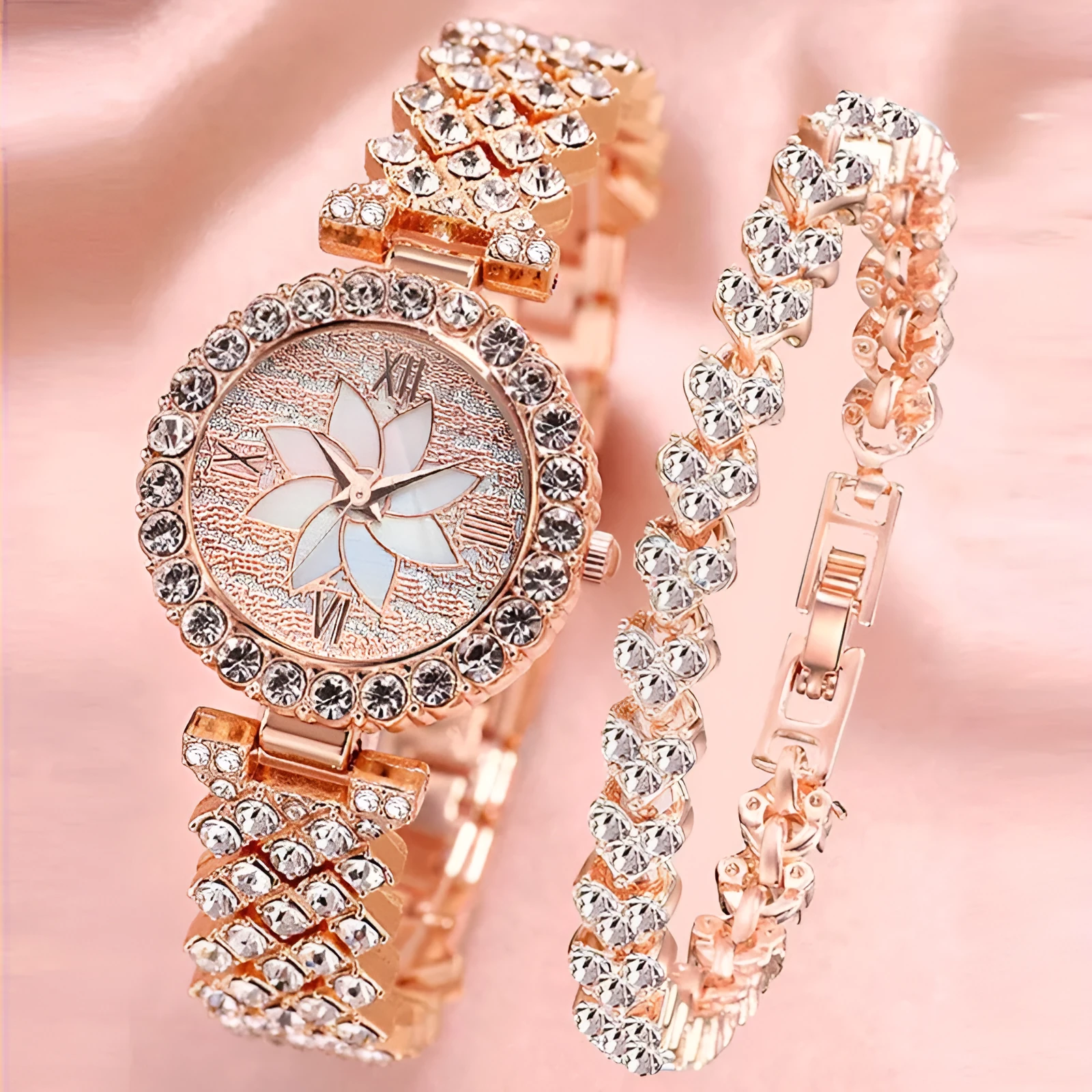 Diamond-embedded starry sky flower disk bracelet watch set for women rose gold 7mm quartz