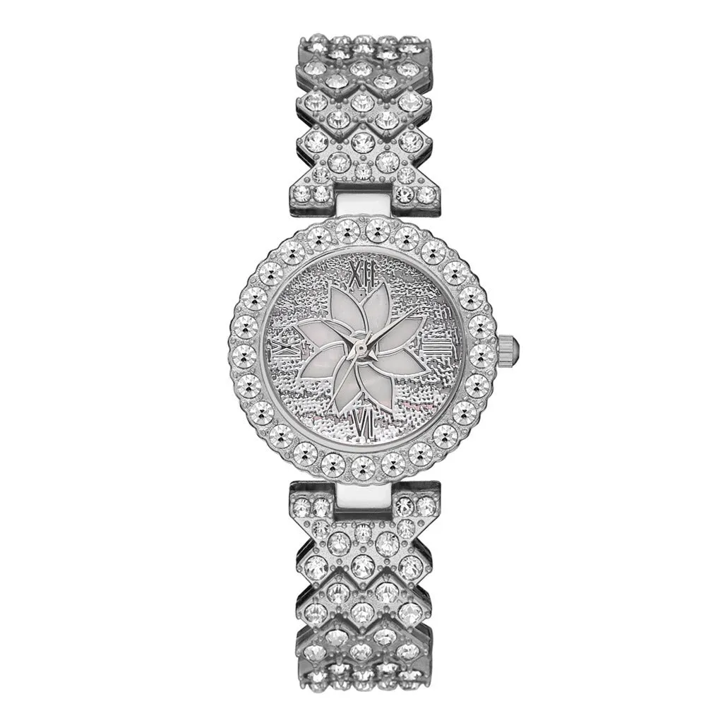 Diamond-embedded starry sky flower disk bracelet watch set for women rose gold 7mm quartz