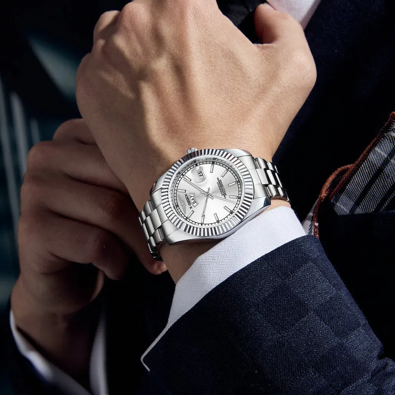 Ultra-thin men's waterproof luminous quartz watch with stainless steel strap and round dial