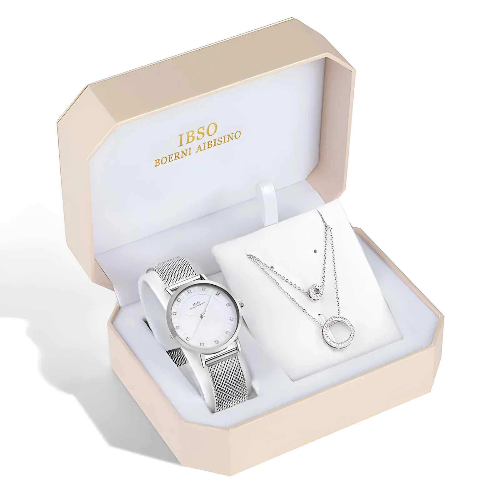 Ladies quartz watch necklace set 28mm dial 7mm thickness 30M water resistance mineral glass stainless steel buckle