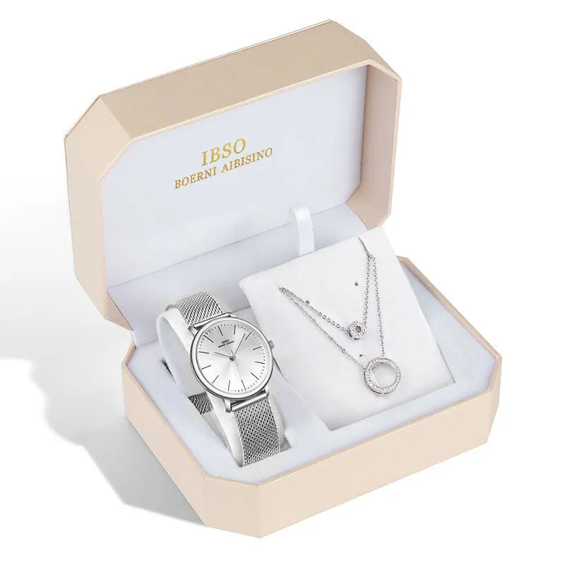 Ladies quartz watch necklace set 28mm dial 7mm thickness 30M water resistance mineral glass stainless steel buckle