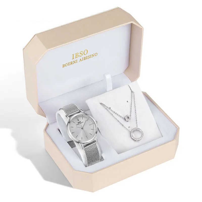 Ladies quartz watch necklace set 28mm dial 7mm thickness 30M water resistance mineral glass stainless steel buckle