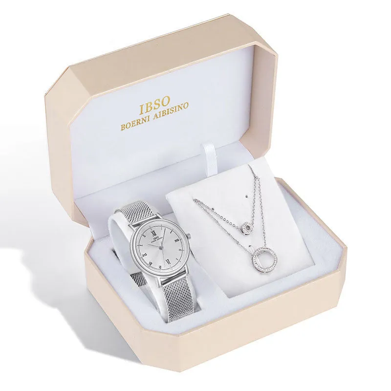 Ladies quartz watch necklace set 28mm dial 7mm thickness 30M water resistance mineral glass stainless steel buckle