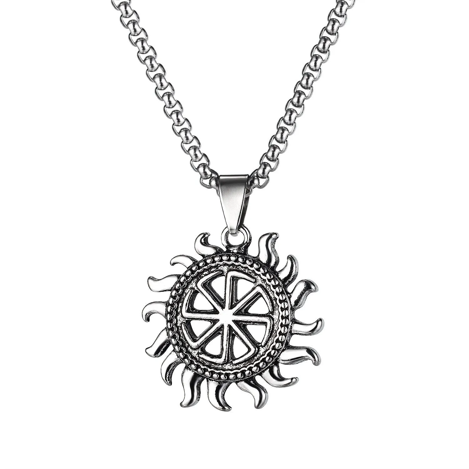 Men's silver stainless steel necklace with alloy pendant in skull, dagger, sun or other design