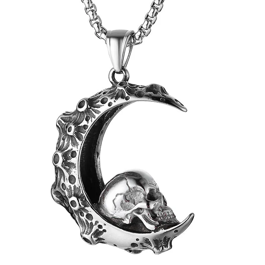 Men's silver stainless steel necklace with alloy pendant in skull, dagger, sun or other design