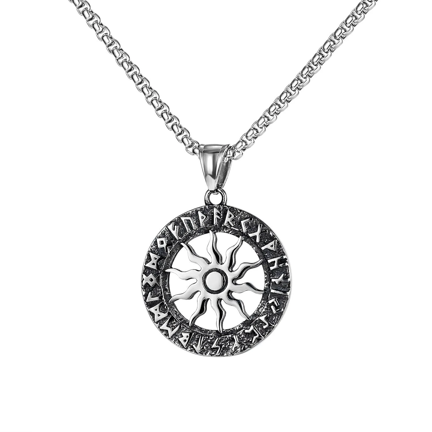 Men's silver stainless steel necklace with alloy pendant in skull, dagger, sun or other design