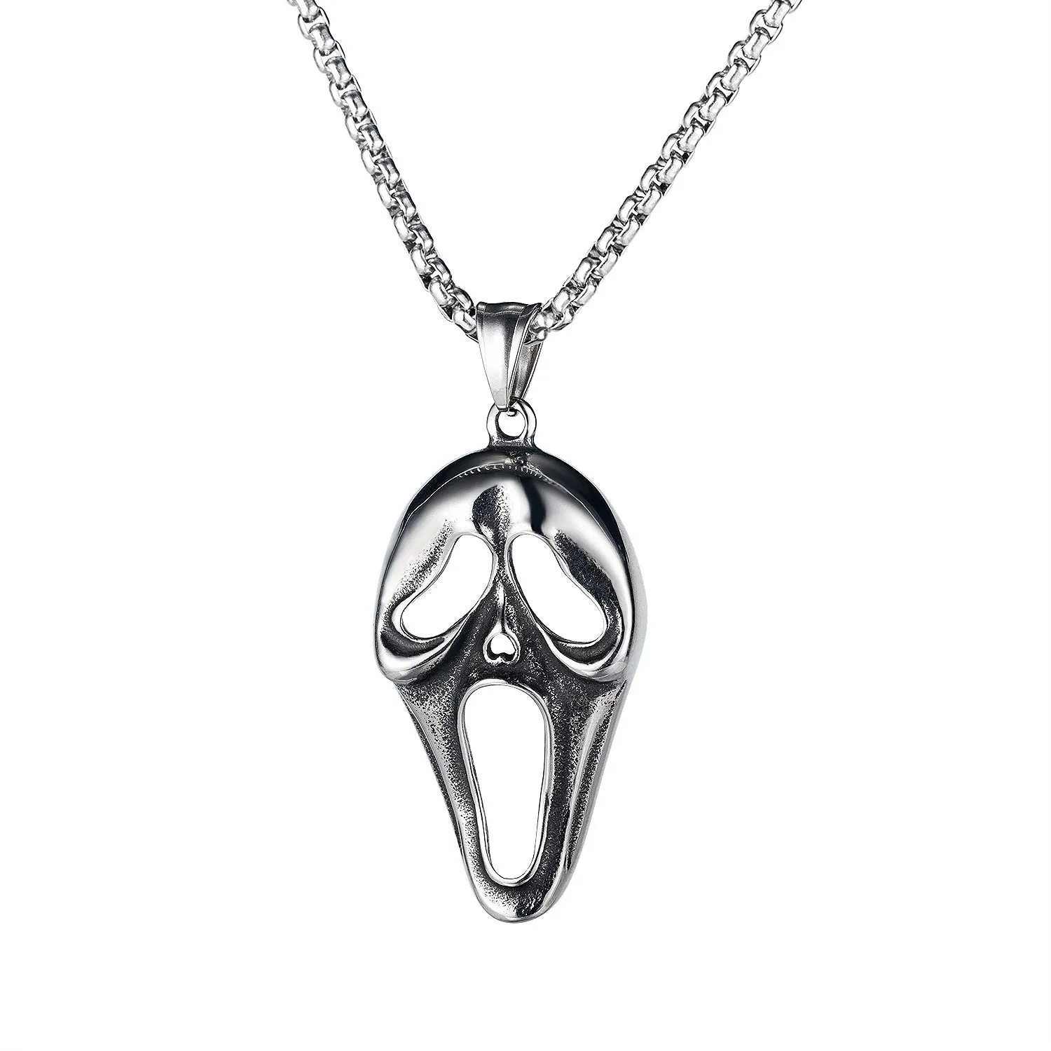 Men's silver stainless steel necklace with alloy pendant in skull, dagger, sun or other design