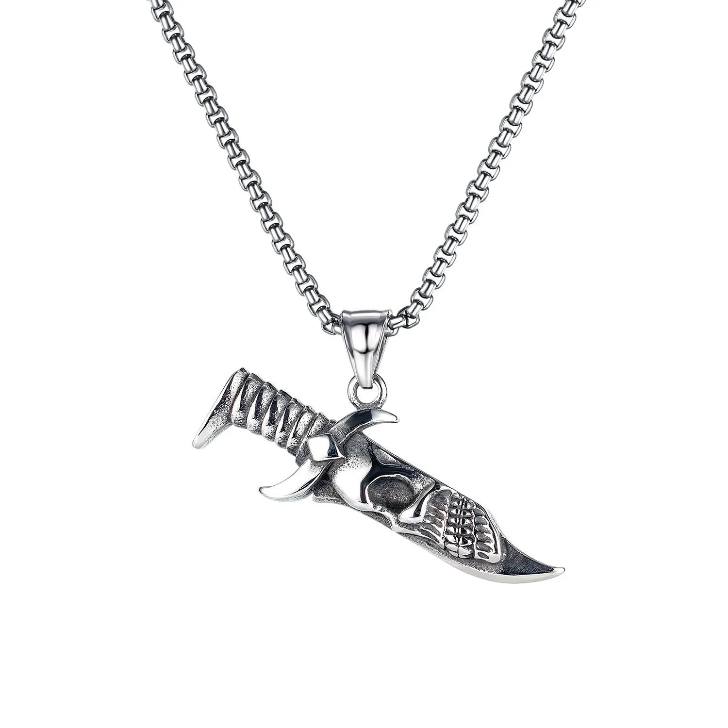 Men's silver stainless steel necklace with alloy pendant in skull, dagger, sun or other design
