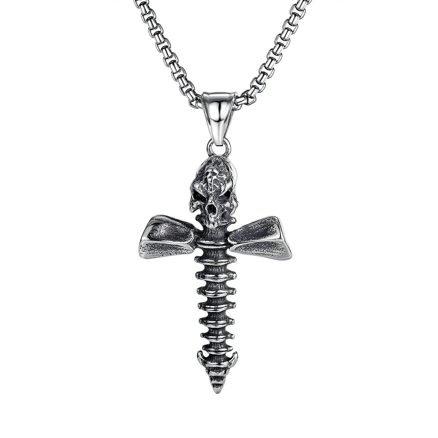 Men's silver stainless steel necklace with alloy pendant in skull, dagger, sun or other design