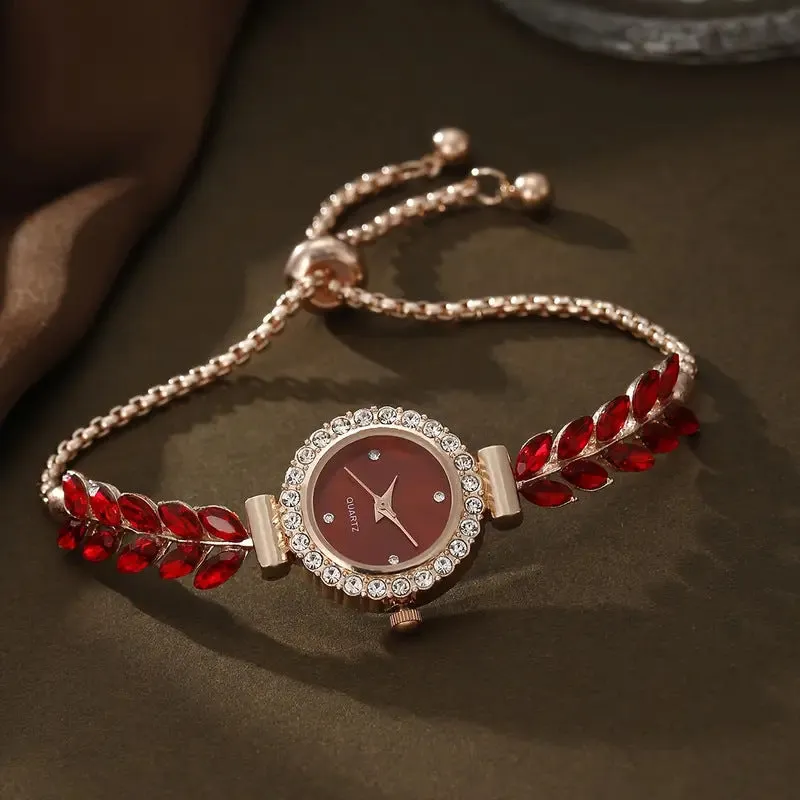 Fashion women's round quartz watch with green leaf dial, fine band, diamond accents, 10mm thickness, available in six colours