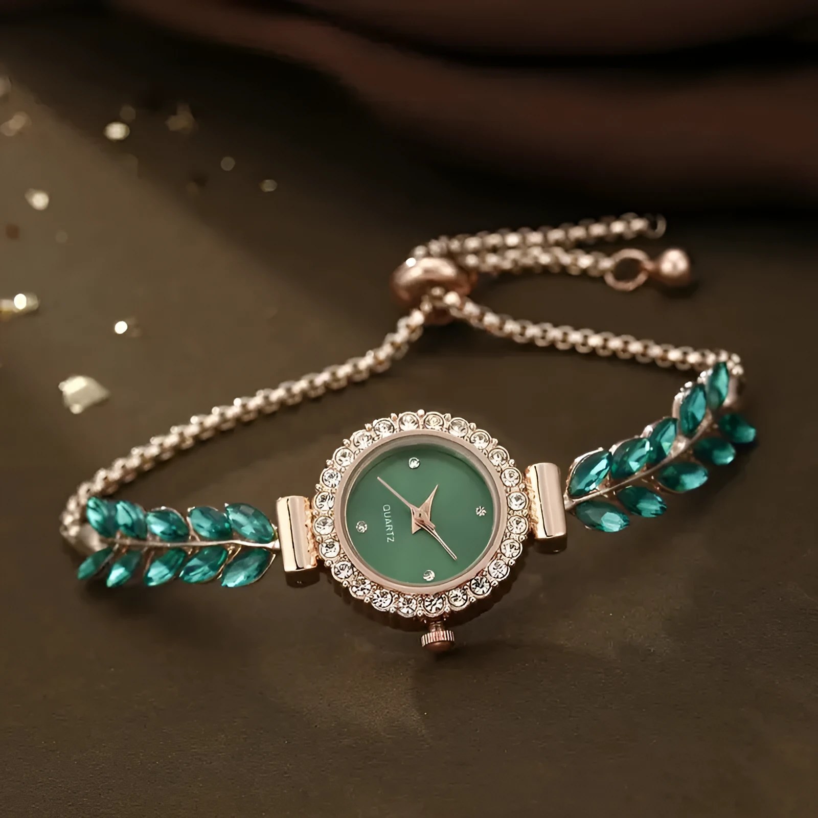 Fashion women's round quartz watch with green leaf dial, fine band, diamond accents, 10mm thickness, available in six colours