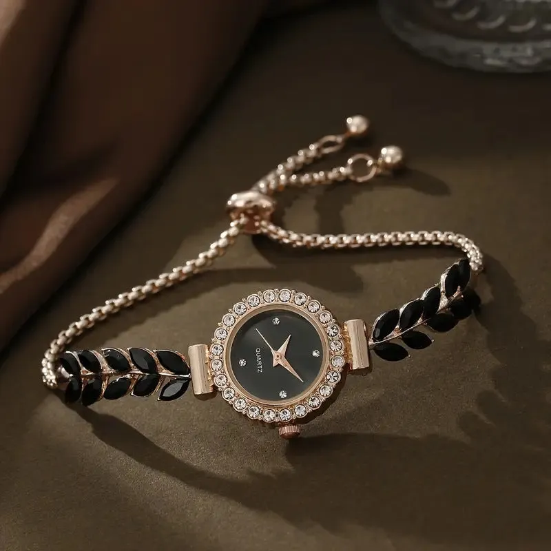 Fashion women's round quartz watch with green leaf dial, fine band, diamond accents, 10mm thickness, available in six colours