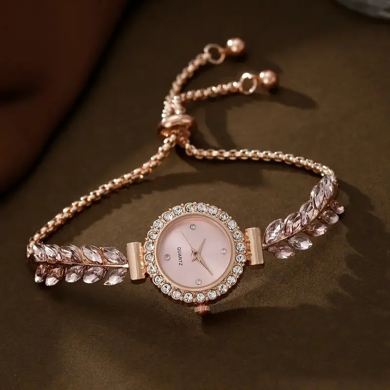 Fashion women's round quartz watch with green leaf dial, fine band, diamond accents, 10mm thickness, available in six colours
