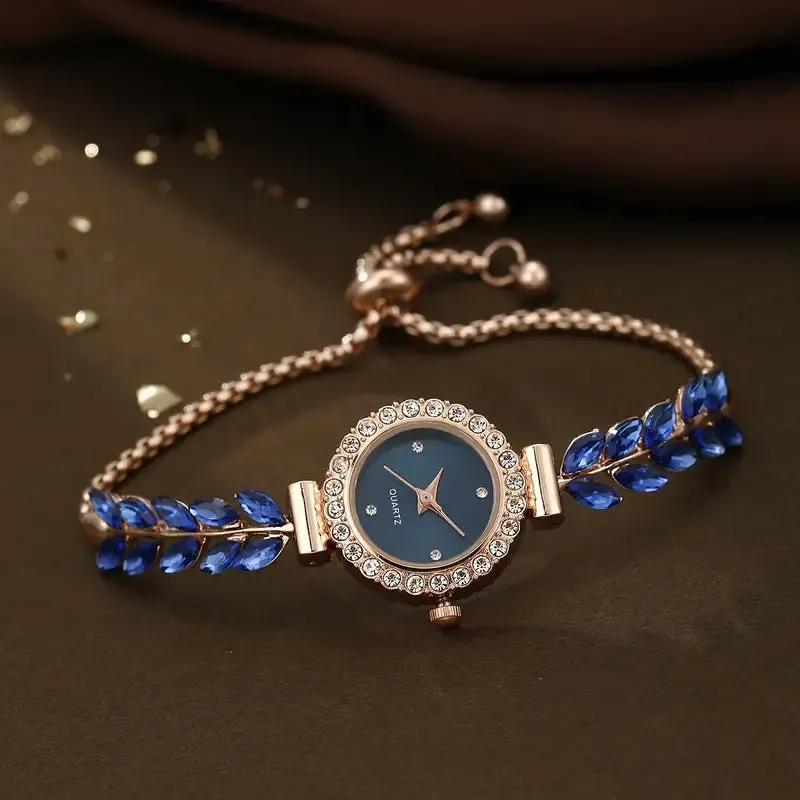 Fashion women's round quartz watch with green leaf dial, fine band, diamond accents, 10mm thickness, available in six colours