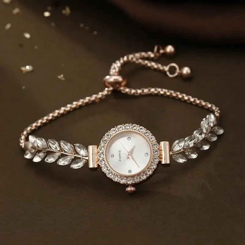 Fashion women's round quartz watch with green leaf dial, fine band, diamond accents, 10mm thickness, available in six colours