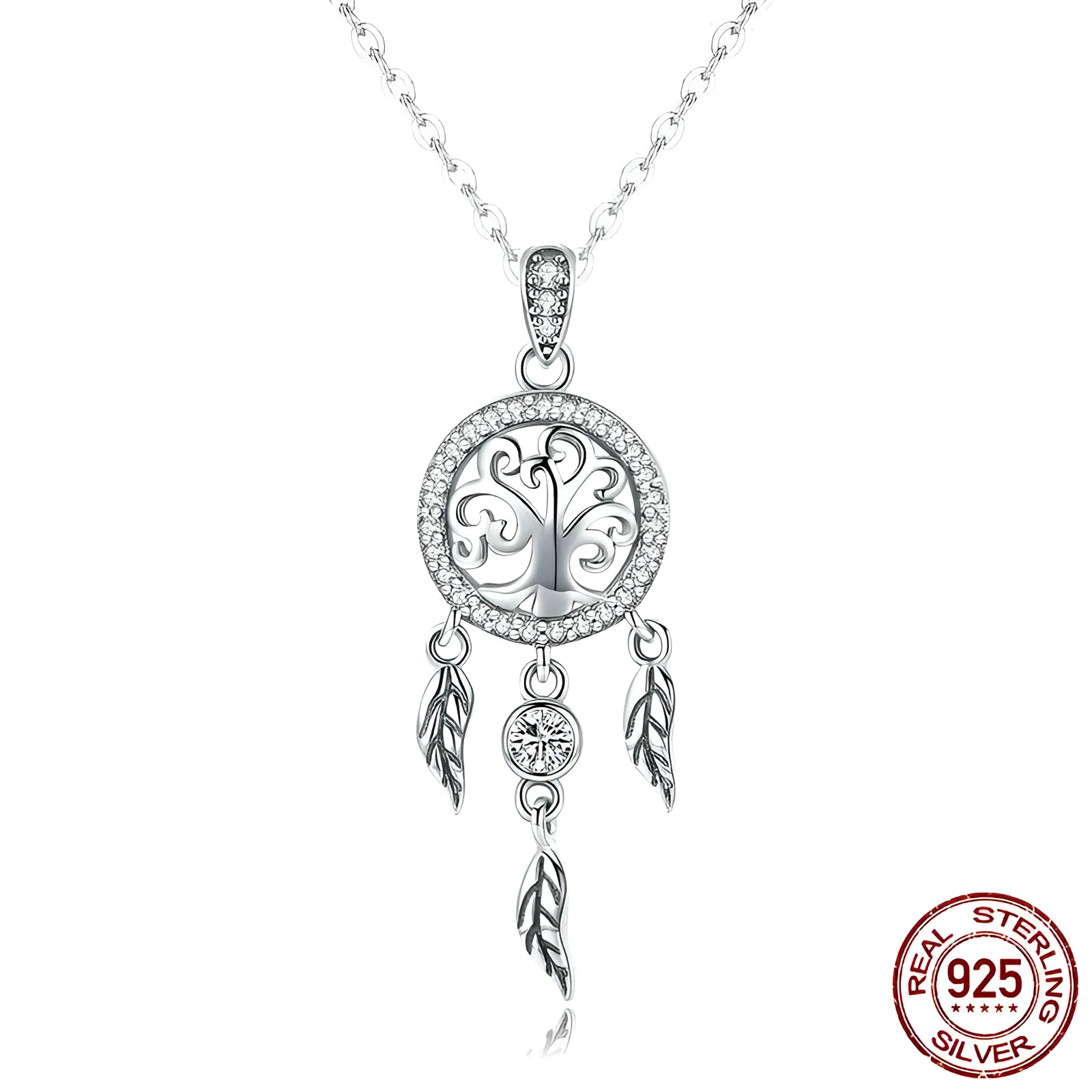 Ladies 925 silver dream catcher tree of life necklace with oxidised finish and zircon pendant on adjustable chain