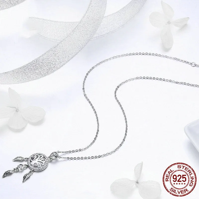 Ladies 925 silver dream catcher tree of life necklace with oxidised finish and zircon pendant on adjustable chain