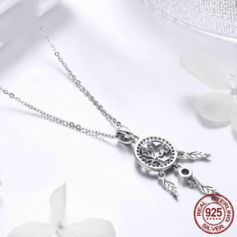 Ladies 925 silver dream catcher tree of life necklace with oxidised finish and zircon pendant on adjustable chain