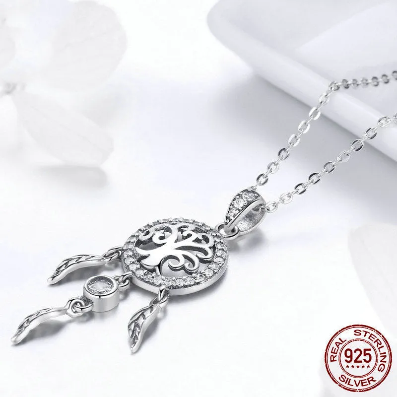 Ladies 925 silver dream catcher tree of life necklace with oxidised finish and zircon pendant on adjustable chain