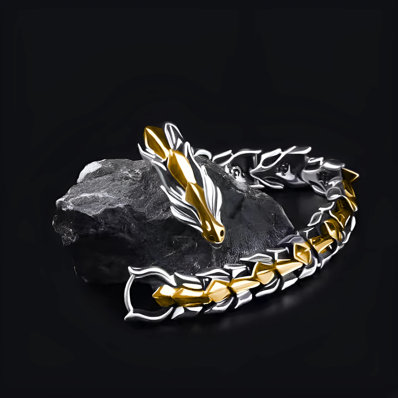 Men's silver geometric keel shape alloy bracelet on a neutral background showing minimal design
