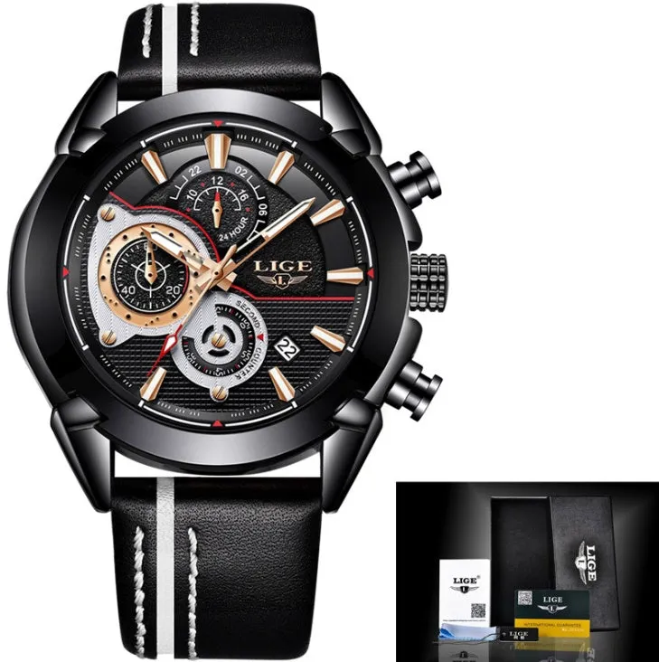 LIGE men's quartz chronograph watch with luminous hands, 45mm stainless steel case, leather band, 3Bar waterproof