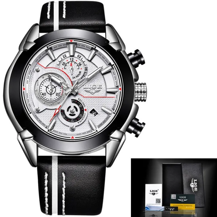 LIGE men's quartz chronograph watch with luminous hands, 45mm stainless steel case, leather band, 3Bar waterproof