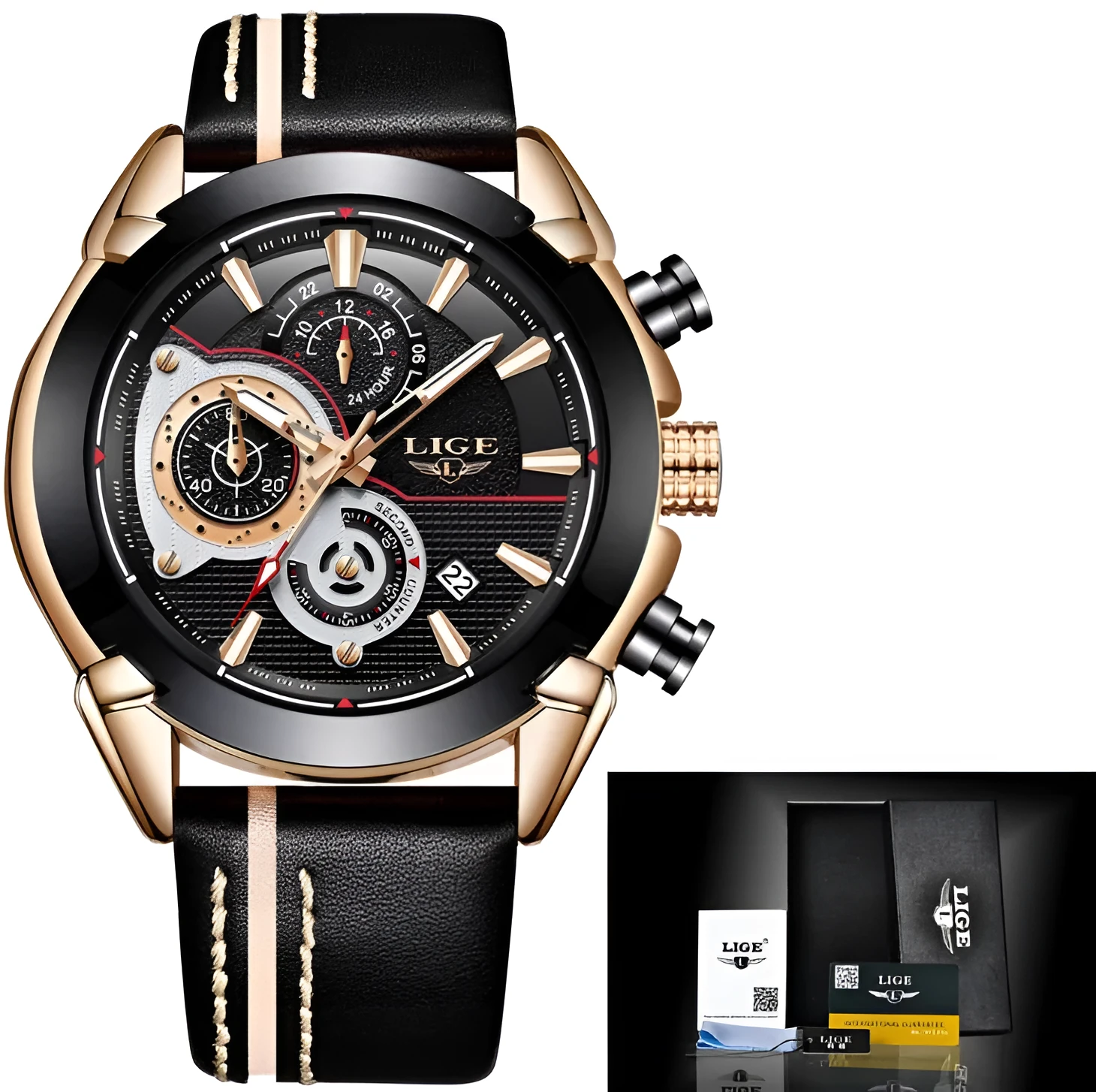 LIGE men's quartz chronograph watch with luminous hands, 45mm stainless steel case, leather band, 3Bar waterproof