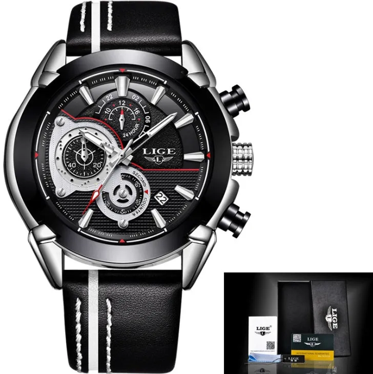 LIGE men's quartz chronograph watch with luminous hands, 45mm stainless steel case, leather band, 3Bar waterproof