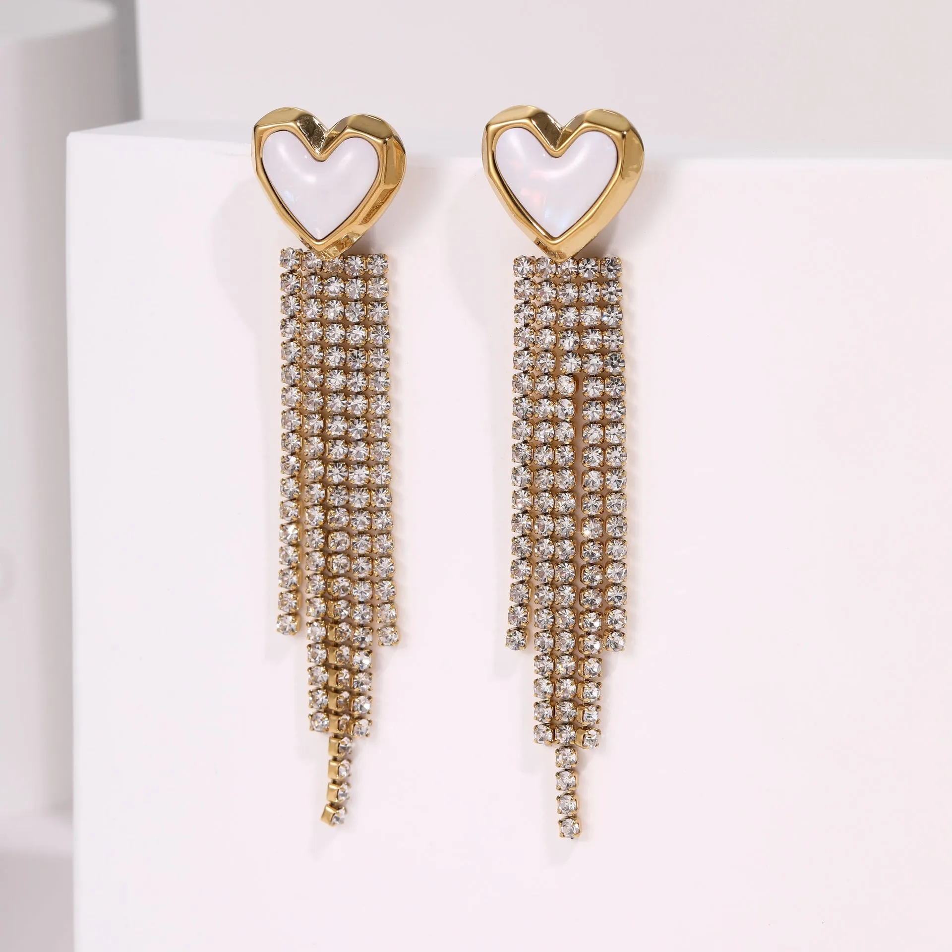 Stainless steel earrings with love heart shape, five-pointed star elements and diamond tassel detailing