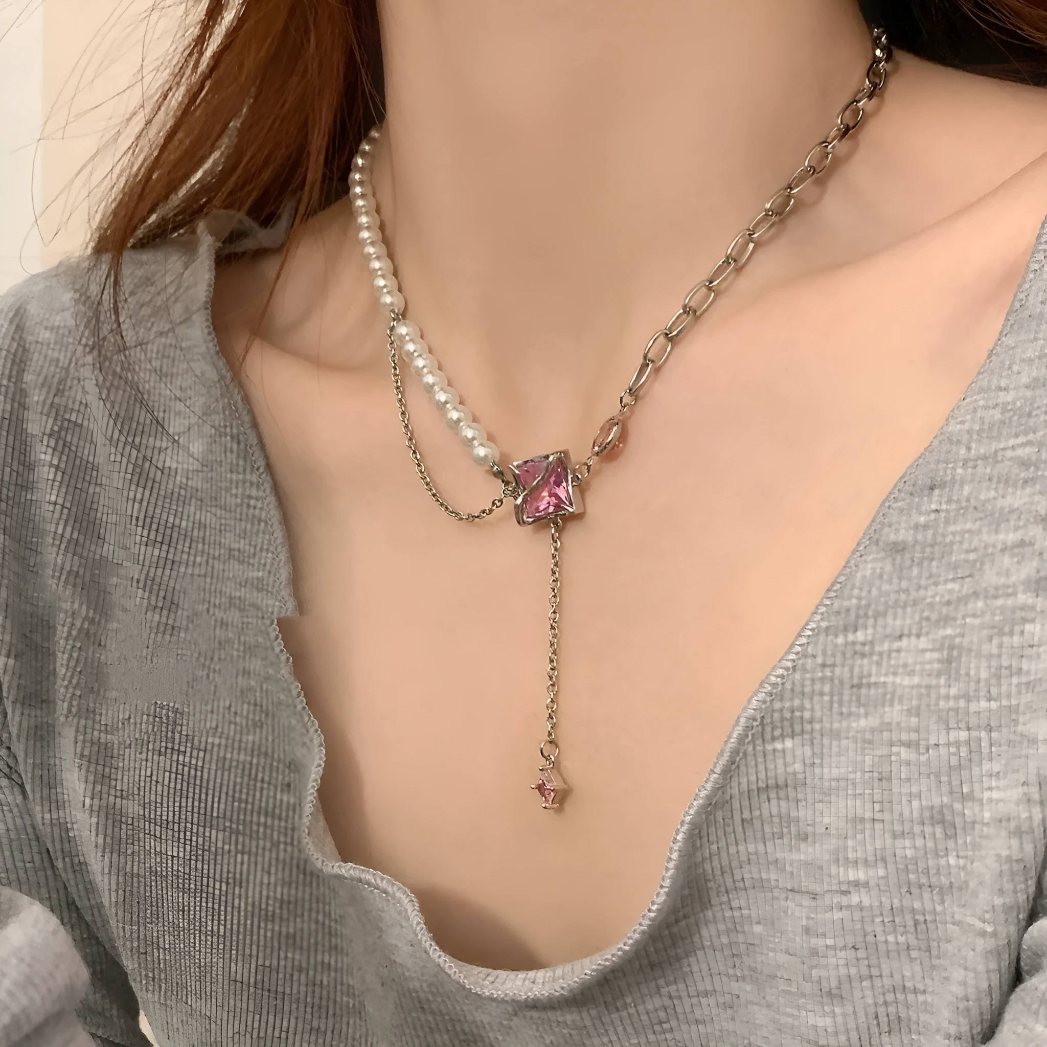 Pink crystal geometric pendant necklace on stainless steel box chain with mixed gem inlay