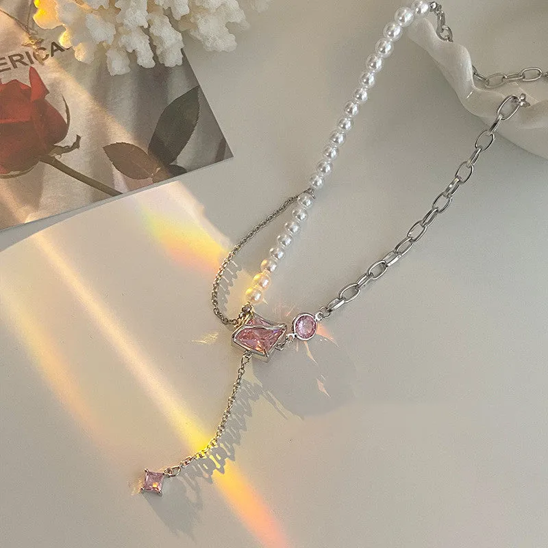 Pink crystal geometric pendant necklace on stainless steel box chain with mixed gem inlay