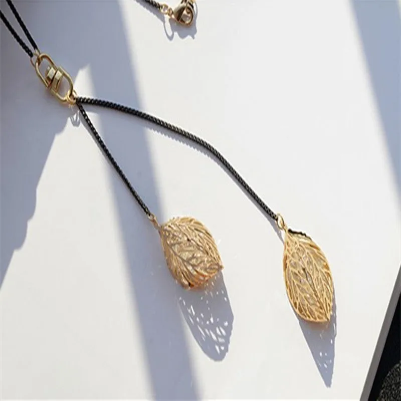 Leaf tassel long necklace black gold alloy crystal pendant snake bone chain women fashion jewellery