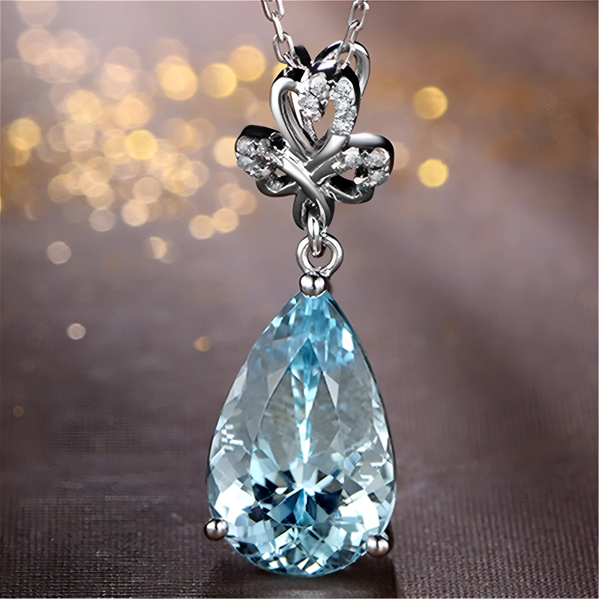 Blue aquamarine pendant necklace set with diamond accent on 40cm copper chain drop shape