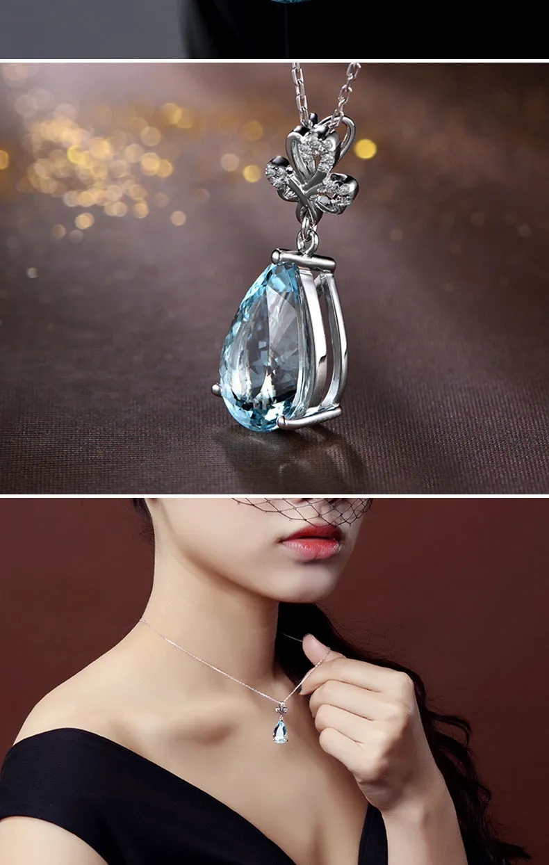 Blue aquamarine pendant necklace set with diamond accent on 40cm copper chain drop shape