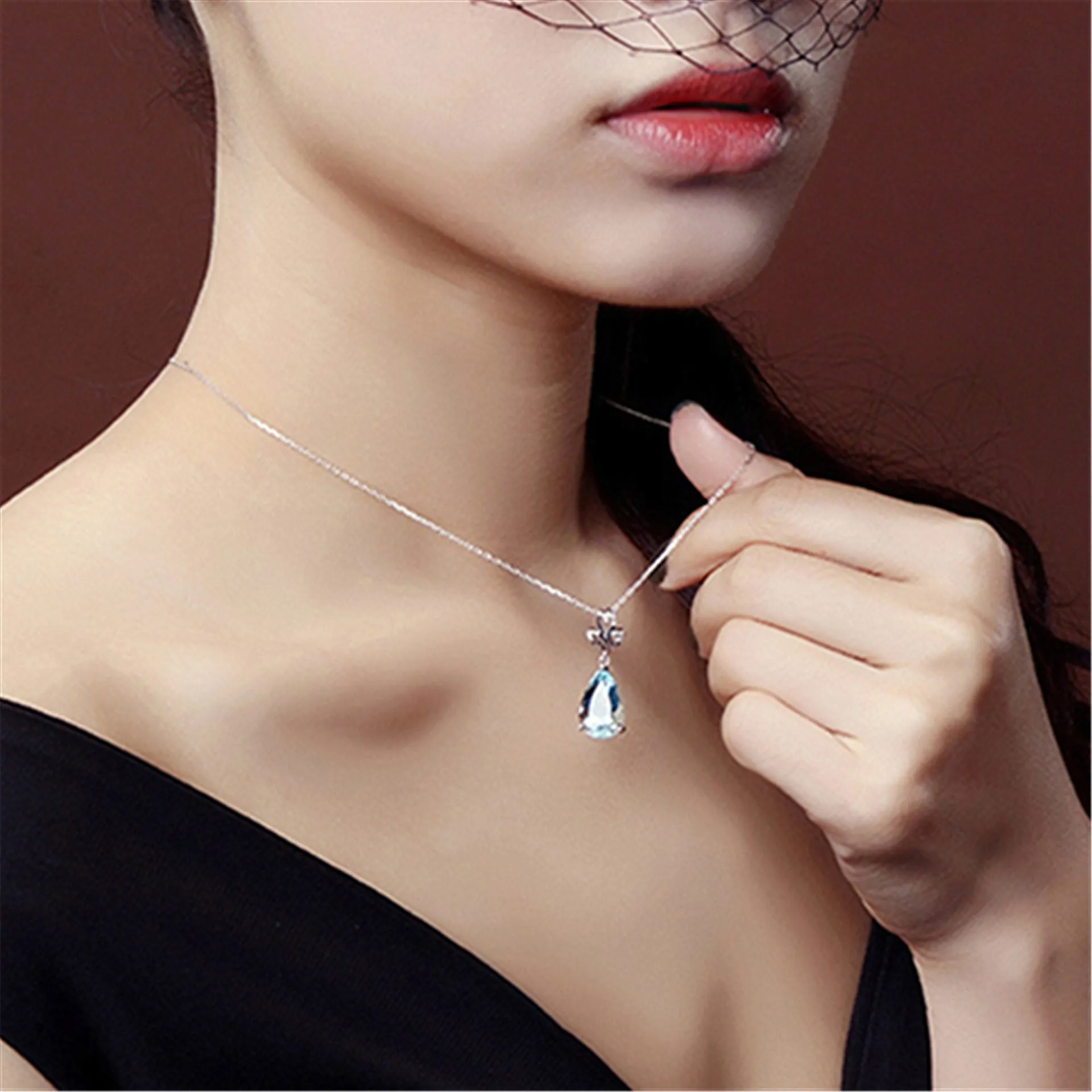Blue aquamarine pendant necklace set with diamond accent on 40cm copper chain drop shape