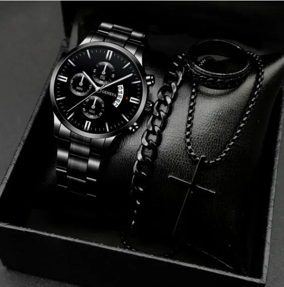 Men's business watch set with steel belt, necklace, bracelet, and ring in silver finish