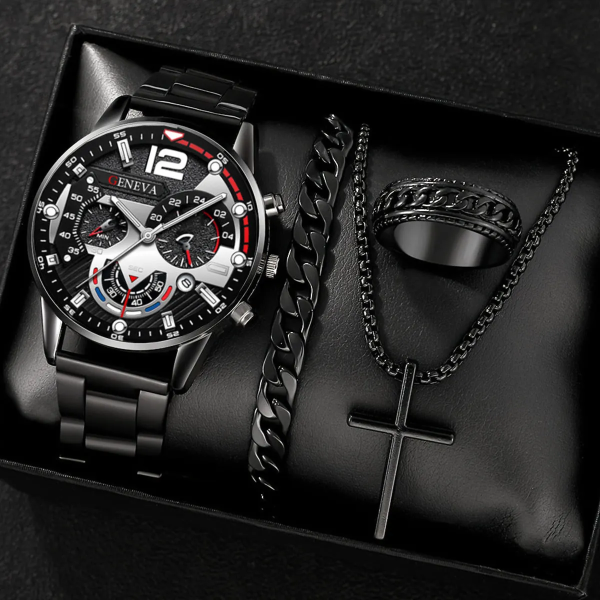 Men's business watch set with steel belt, necklace, bracelet, and ring in silver finish