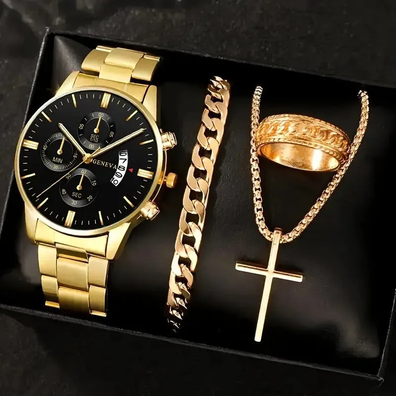 Men's business watch set with steel belt, necklace, bracelet, and ring in silver finish