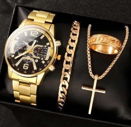 Men's business watch set with steel belt, necklace, bracelet, and ring in silver finish