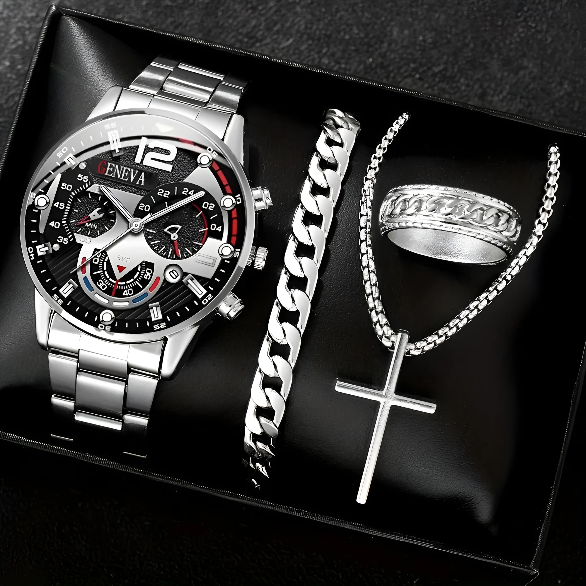 Men's business watch set with steel belt, necklace, bracelet, and ring in silver finish